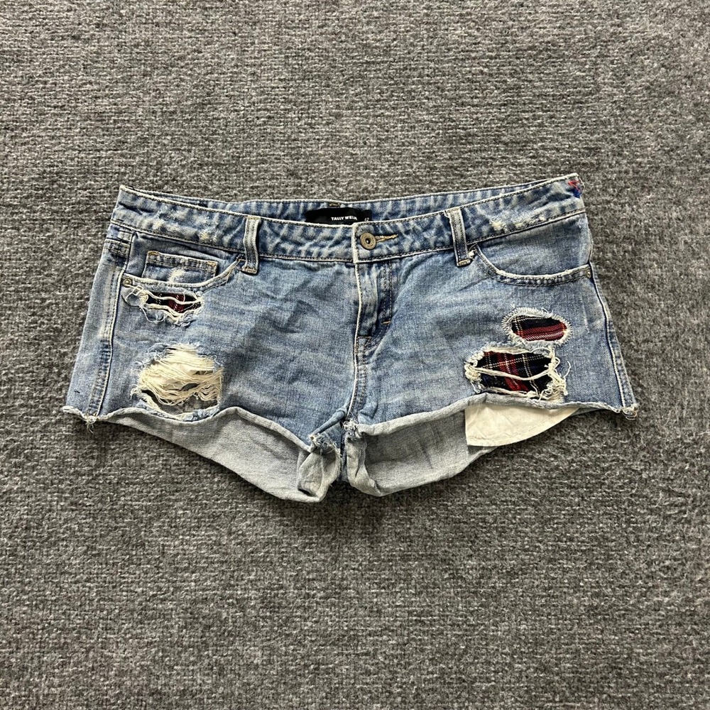 Tally Weijl Denim Shorts Womens Size 42 Blue Distressed Plaid Patch Cutoff Mini